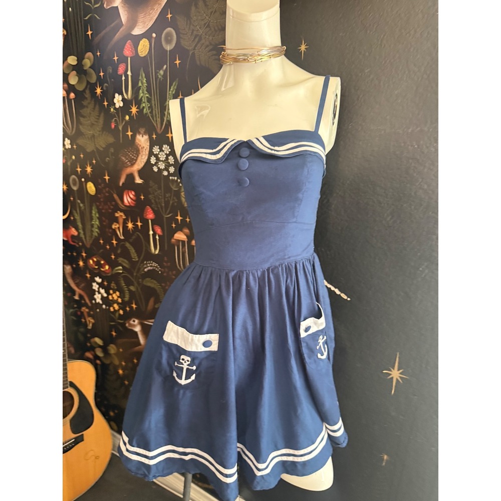 Sailor Nautical Pinup Dress Navy Blue Anchor Skull Embroidery Smocked Back MD